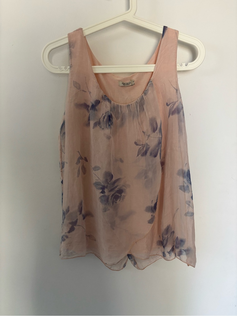 Angel Peach Chiffon Floral Sleeveless Tank with Blue Bloom Print